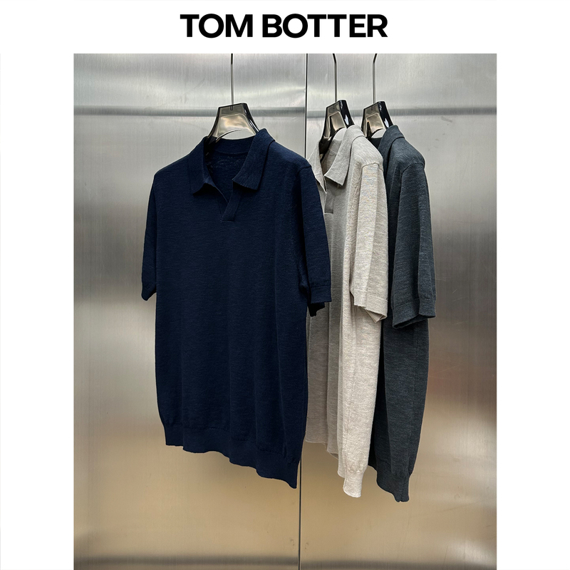 Tom Botter Light Luxury Old Money Style Seagull Collar Men's Polo Shirt Linen Cotton Commuter T-Shirt Short Sleeve Turn-Down Collar
