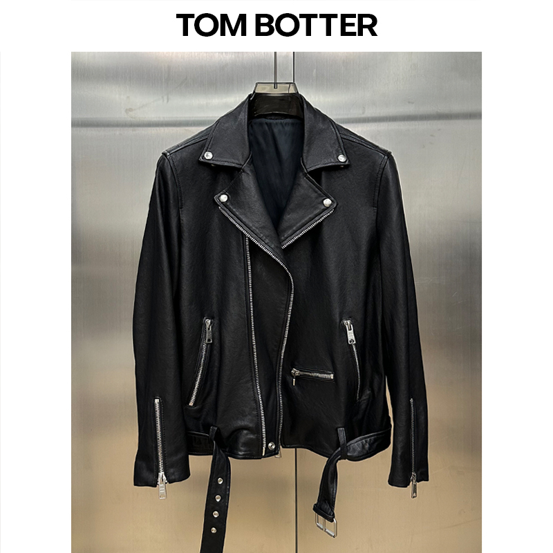 Tom Botter Jackson Wang Style Vegetable-Tanned Sheepskin Motorcycle Jacket Men's Genuine Leather Jacket with Diagonal Zipper Trendy