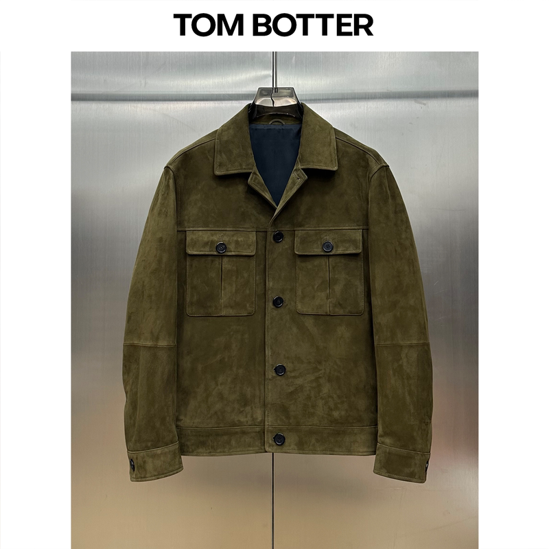 Tom Botter Sudan Imported Sheep Suede Leather Jacket with Lapel, Men's Genuine Leather Jacket, Light Luxury Old Money Style Coat
