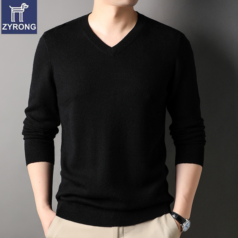 100% Sheep Wool Business Casual V-Neck Wool Sweater Men's Knitwear Long-Sleeved Black Sweater Base Layer Solid Color Men's T-Shirt