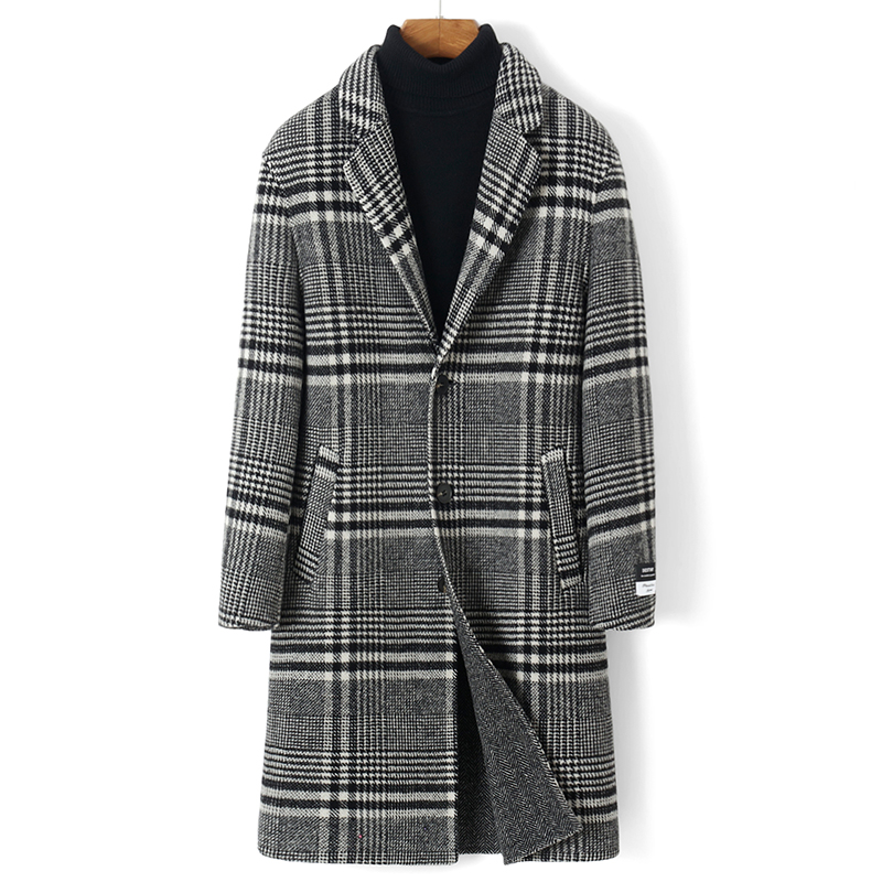 Winter thickened double-sided cashmere coat striped men's trendy black and white check medium and long version of two buckles wool coat men