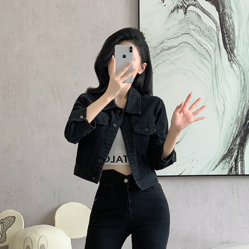 Black Denim Jacket for Women, Short Style, 2026 Spring New Korean Version, Slimming, High-End Feel, Long-Sleeve Jacket, Top for Autumn