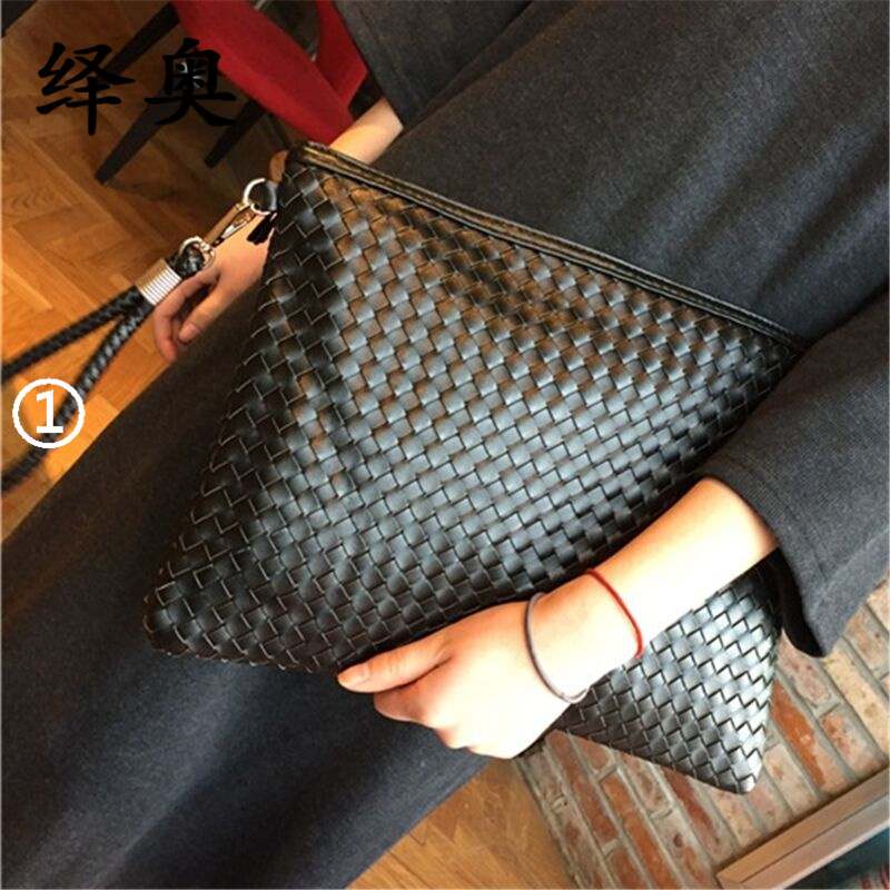 Black leather men's clutch bag simple woven leather zipper clutch large capacity business soft leather envelope bag