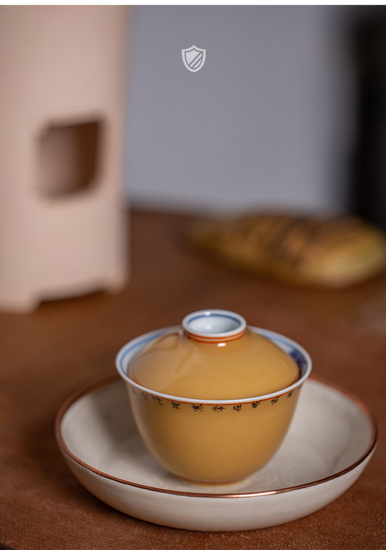 High - end checking hand - made ceramic story town tureen three blue and white bamboo hidden tureen tureen single apricot yellow glaze