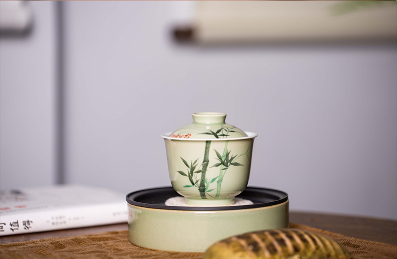 High - end checking hand - made ceramic story town tureen only three tureen single pea green glazed bamboo tureen