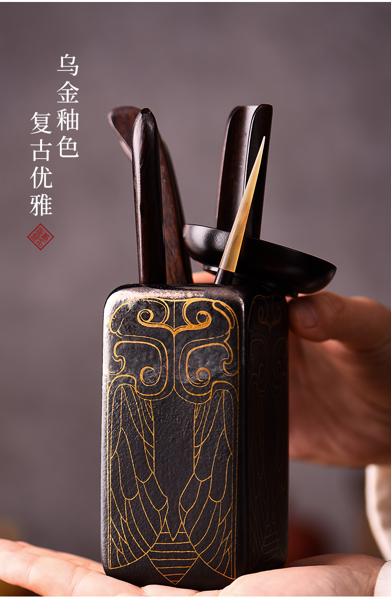 Ceramic knives story tea tea six gentleman 's suit ChaZhen kung fu light key-2 luxury ebony pure copper tea accessories