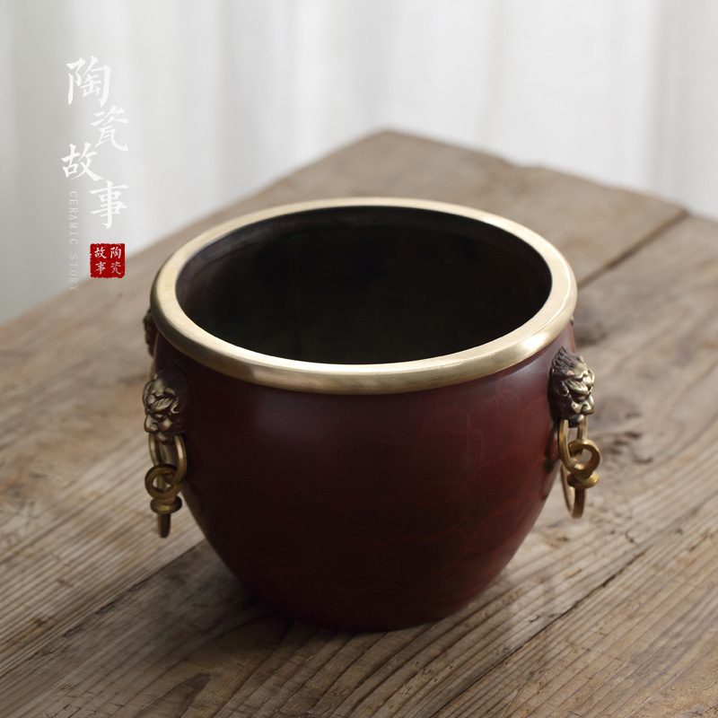 Ceramic story pure copper tea wash to wash to built water in a writing brush washer water jar household palace copper cylinder furnishing articles Japanese zen tea set