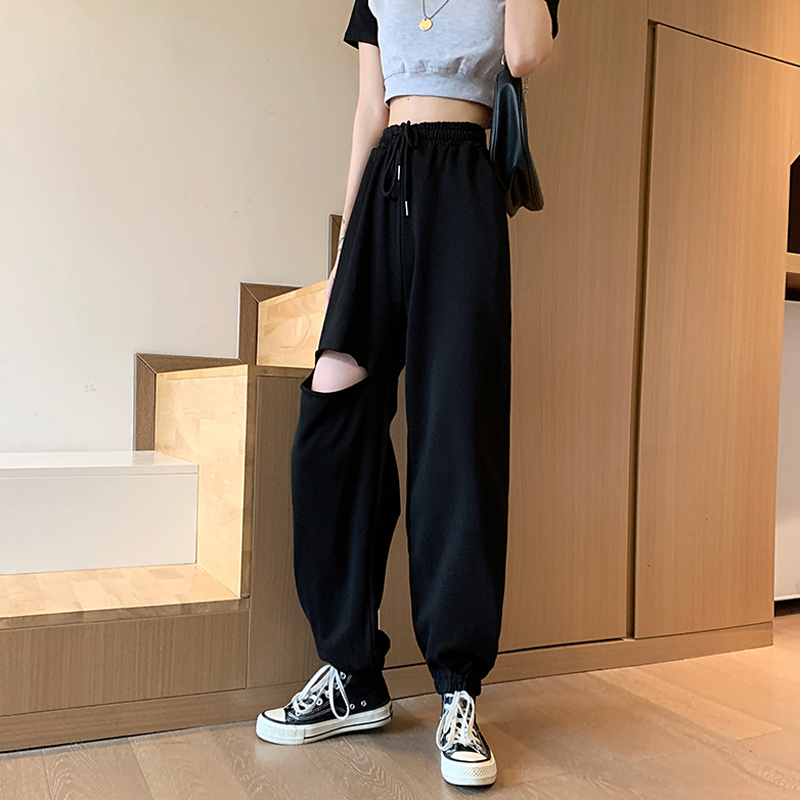 Plus Size 100kg Ripped Pants for Women, New Summer Thin Casual Straight-Leg Sports Slimming Sweatpants for Women