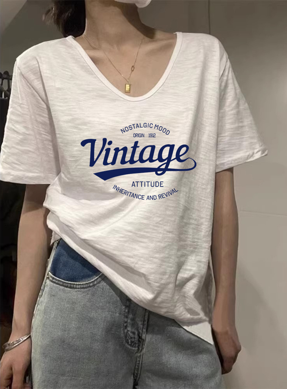 Summer V-Neck Thin Bamboo Cotton Short-Sleeve T-Shirt for Women, Unique Design, American Style, Half-Sleeve, Pure Cotton, Plus Size, for Chubby Women
