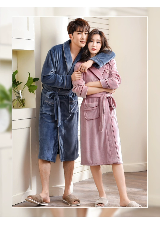 Mùa thu và mùa đông những người yêu thích flannel áo ngủ nam dày áo choàng tắm nữ san hô nhung dài tay mỏng đồ ngủ nhà dịch vụ áo choàng - Night Robe