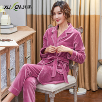 Pajamas Ladies Autumn Autumn Winter Island Velvet Long Sleeve Nightgown Thick Warm Coral Velvet Home Jacket Two Piece Set