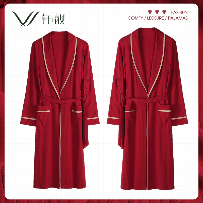 Couple pajamas female spring and autumn cotton sexy nightgown bride dressing gown bathrobe male red wedding home service