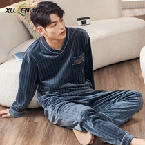 Island fleece pajamas mens winter thick long sleeves fall and winter thin warm coral fleece loungewear plus size set