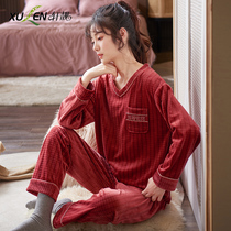 Island fleece pajamas women autumn and winter plus fleece thickened long sleeves warm coral velvet spring and autumn home wear pullover set