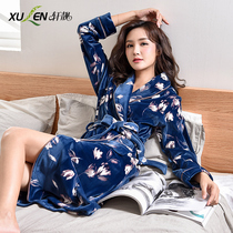 Island velvet long pajamas female flannel long sleeve gowns women autumn and winter sexy coral velvet bathrobe home wear thin models