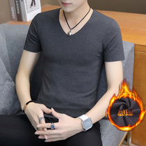 Winter mens no-mark short sleeves T-shirt v collar plus suede undershirt youth uptrend cotton half sleeves to wear autumn clothes