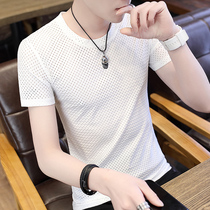 Mens Fashion Summer Dress Men Short Sleeve T-shirt Trendy Slim Fit Net Yarn Half Sleeve Ice Silk Cool Quick Hollowed-out Man Compassionate