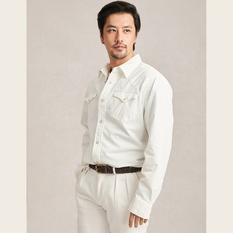 Double R Work Long-Sleeve White Washed Denim Shirt for Men, Spring and Autumn, Double Pocket, Pure Cotton, Vintage American Style Slim Fit Shirt