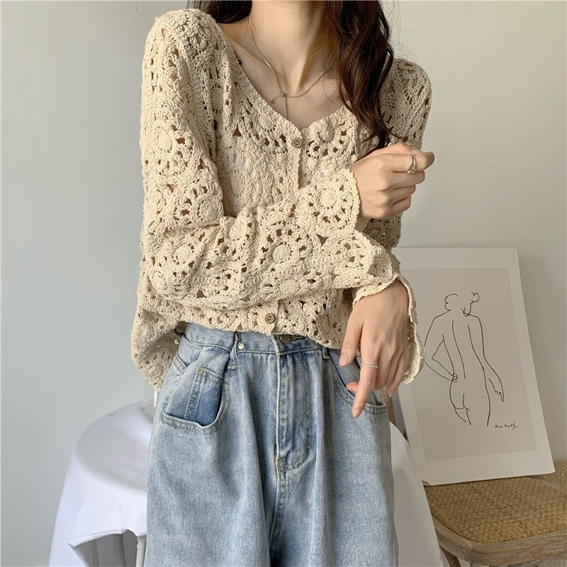Bohemian Style Knitted Sweater for Women, New Summer Style, Hollow Long-Sleeved Crochet Shawl, Lace Cardigan Jacket