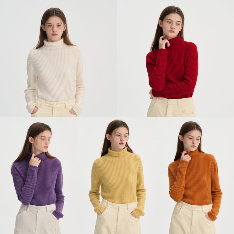 Uihasd Vertical Stripe High-Neck Five-Color Candy-Colored Ribbed Turtleneck Base Shirt Wool Cashmere Blend High-Elastic Top