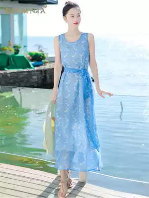 Rsemnia Korean version of the new chiffon floral dress blue thin temperament long skirt super fairy retro beach skirt