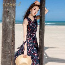 Rsemnia summer fairy dress Hong Kong flavor retro sleeveless chiffon floral dress seaside beach dress