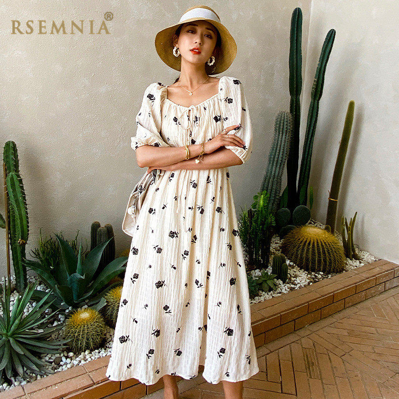 Rsemnia women's summer dress retro square collar floral skirt mid-sleeve slim waist long skirt holiday swing skirt tide