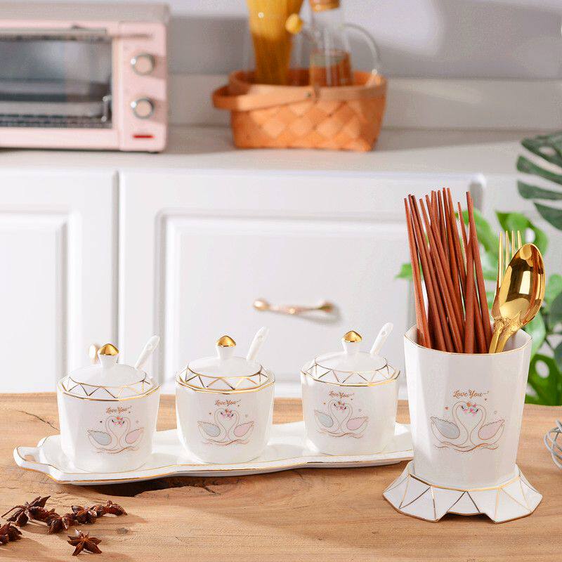 European light luxury kitchen ceramic seasoning jar salt sugar chili oil seasoning jar chopsticks tube combination set chopsticks basket