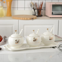 European ceramic seasoning tank high grade gold plated seasoning box salt jar set household kitchen seasoning tank 3 cans 3 cans 3 spoons chassis