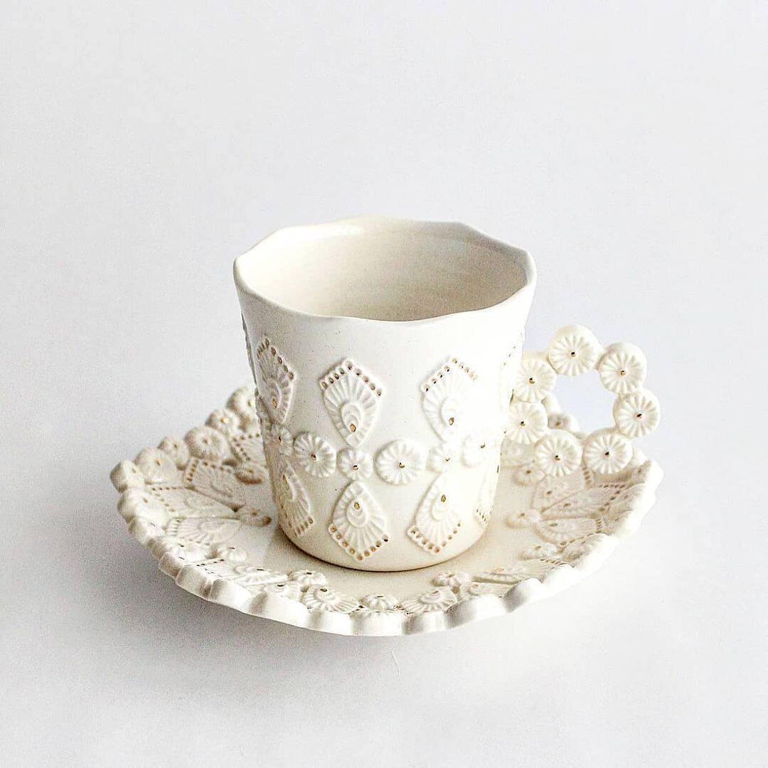 Japanese writer Watanabe Relief Flower Lace Lace Coffee Cup Saucer Dish Dinner Plate Sweet Dish Borrowed zino Wisdom Little Flowers