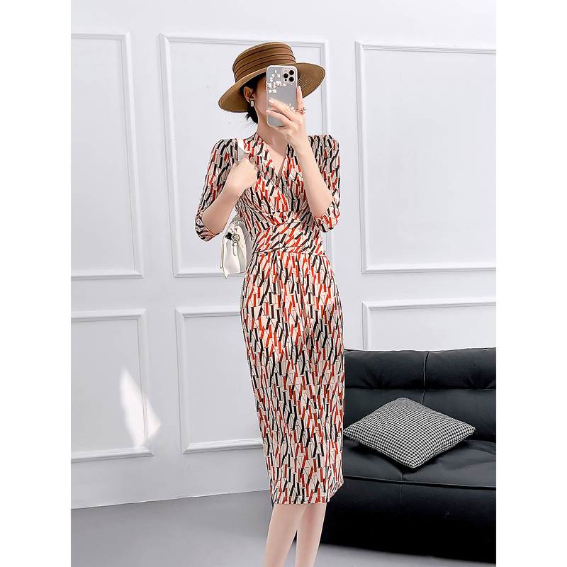 Vvn Dvf Orange Geometric High-Elasticity Wrap Dress Summer New Style Petite Figure-Flattering Bodycon Dress for Women