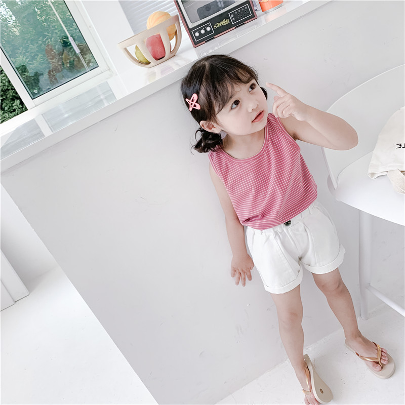Childrens 2020 trẻ em mới mùa hè Hàn Quốc phiên bản của trẻ em quần áo bé trai bé gái sọc ba màu vest bé không tay đầu.