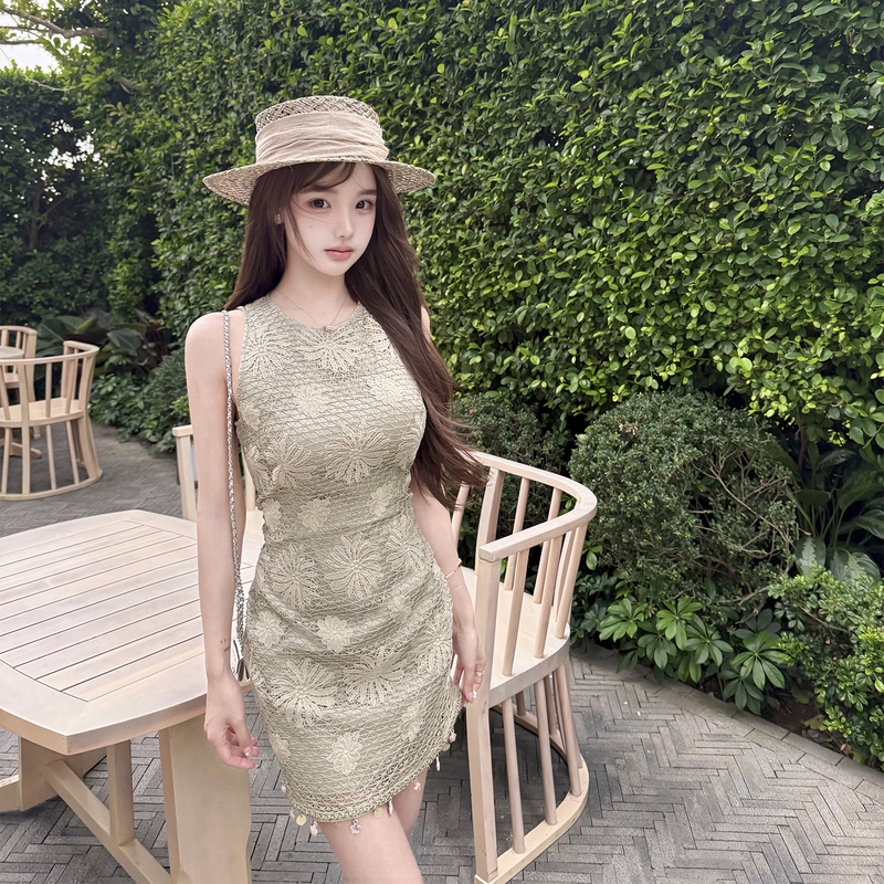 Ye Jia Nailah· 【Green Grape Fruit】French-Style Heavy Lace Sleeveless Short Dress for Women Ye Jia Nailah· 【Green Grape Fruit】French-Style Heavy Lace Sleeveless Short Dress for Women