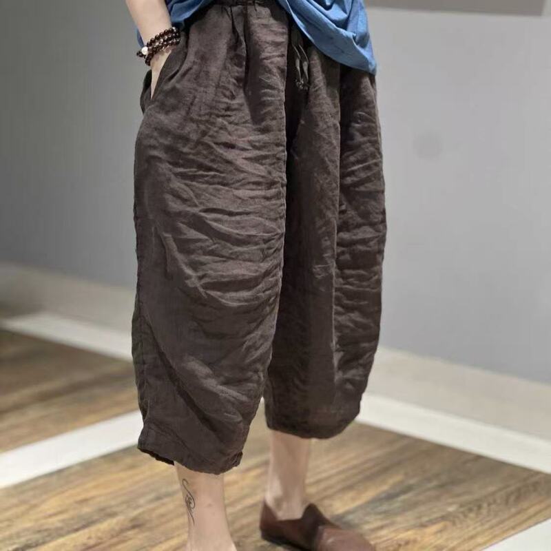 Summer New High-Waisted Cotton and Linen Solid Color Harem Capri Pants, Loose and Versatile, Slimming, Plus-Size, Thin Casual Pants