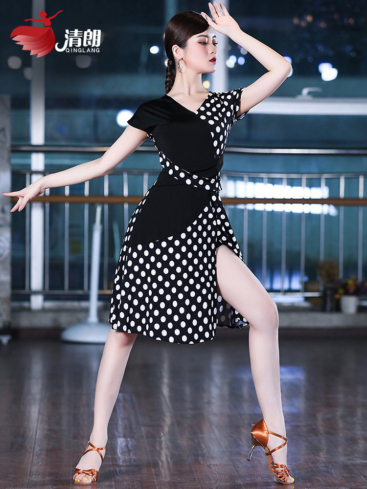 Qinglang Latin dance dress Women's adult 2021 new wave Dot foreign dress Sexy splicing performance Dance practice Skill Suits