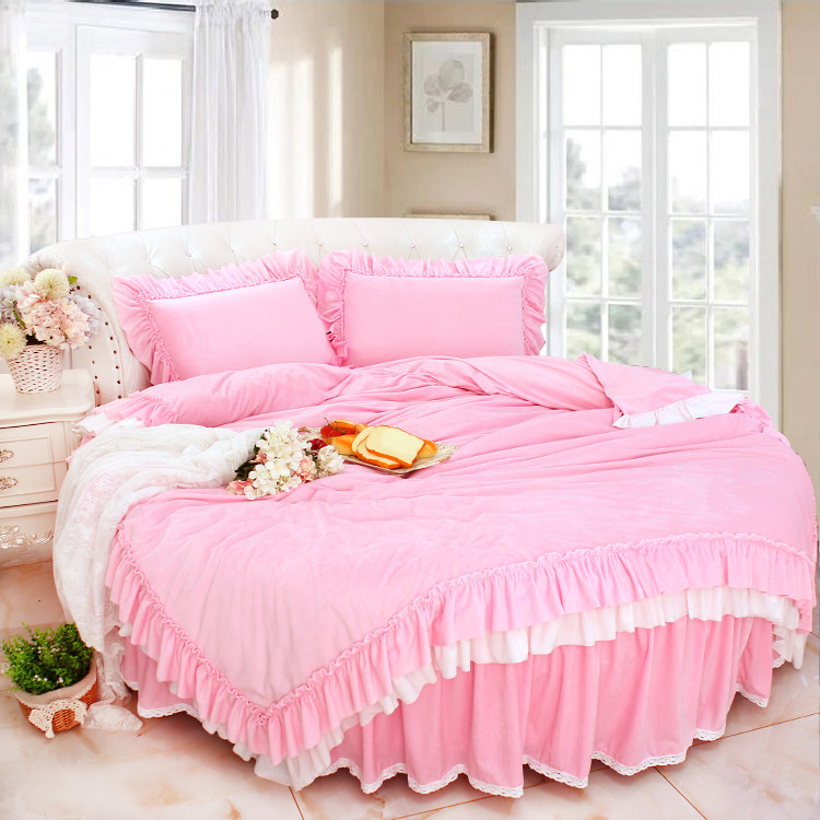 Girl heart double-sided velvet Princess wind coral velvet crystal velvet Winter warm thickened round bed four-piece set bed skirt duvet cover