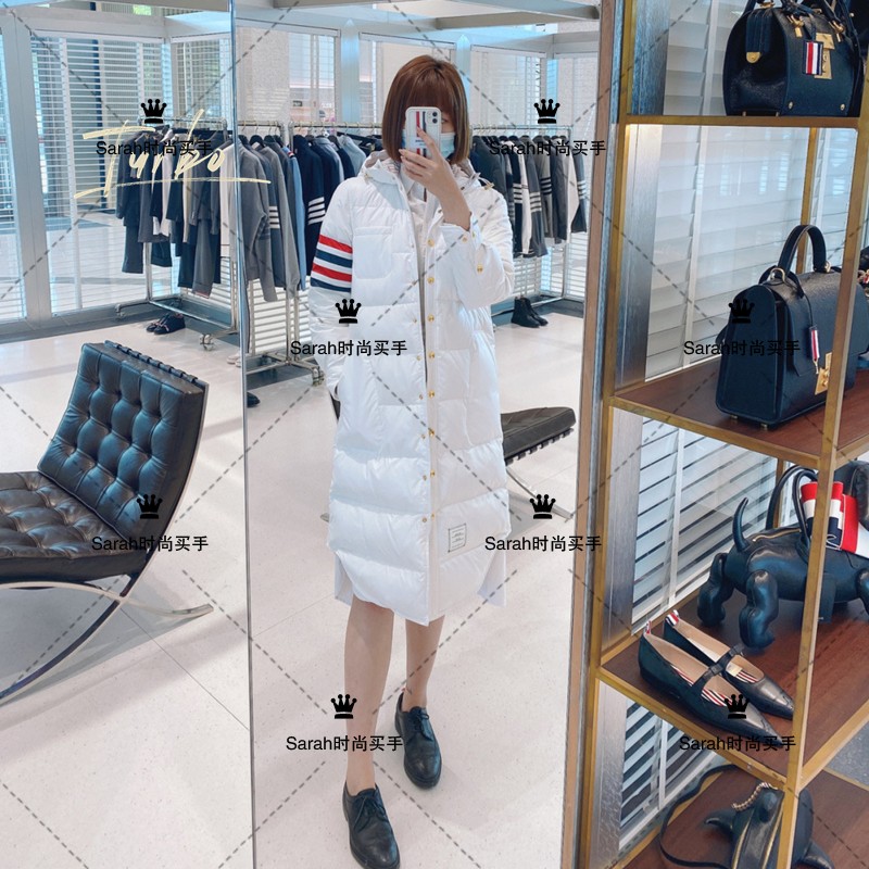 Thom Browne 20 autumn and winter TB striped white goose down long version down jacket hooded jacket women's autumn and winter