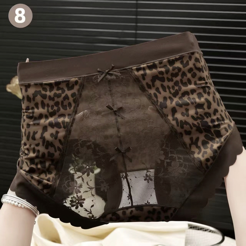 26 New Classic Leopard Print Plus Size Women's Mid-High Waist Silky Satin Lace Trim Transparent Sexy Briefs