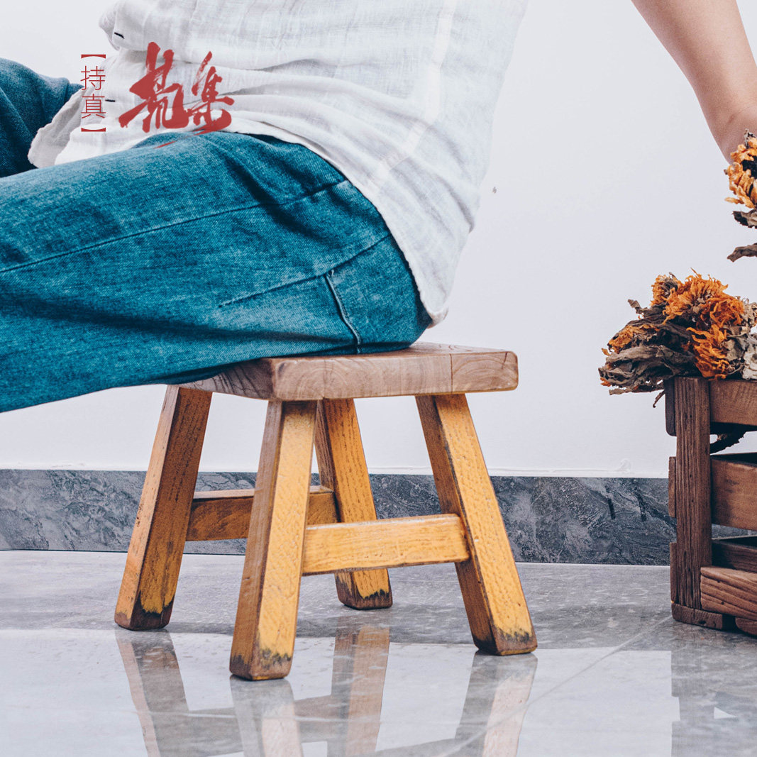 Wild set (solid wood small bench Chinese-style log color adult shoe-changing stool old elm retro style low stool wabi-sabi wind