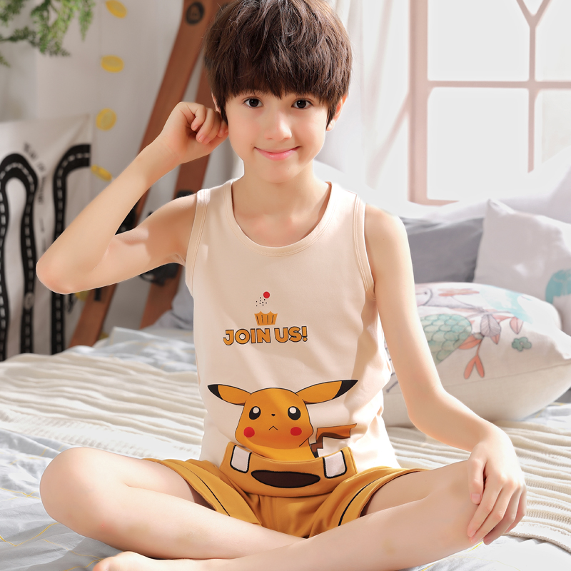 Childrens đồ ngủ bé trai bông tay mùa hè trẻ em lớn phim hoạt hình nhà quần áo phù hợp với mỏng boy mùa hè vest nhỏ.