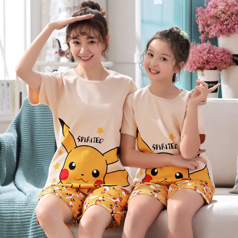 Mother and daughter pajamas summer short sleeve parent-child cartoon Cotton Girl Big child home clothing summer baby suit plus size thin