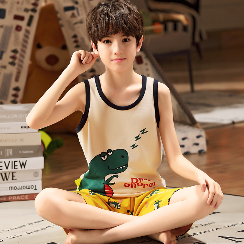 Boy vest suit Summer thin style sleeveless pyjamas pure cotton cross-bar summer dress boys' dinosaur stay-at-home clothing