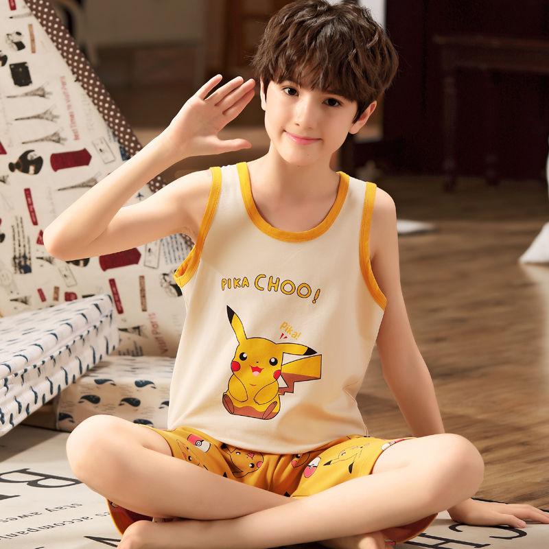 Childrens đồ ngủ cậu bé mùa hè cậu bé mỏng bông tay quần áo nhà mùa hè trẻ em lớn mặc vest 12 tuổi 15.