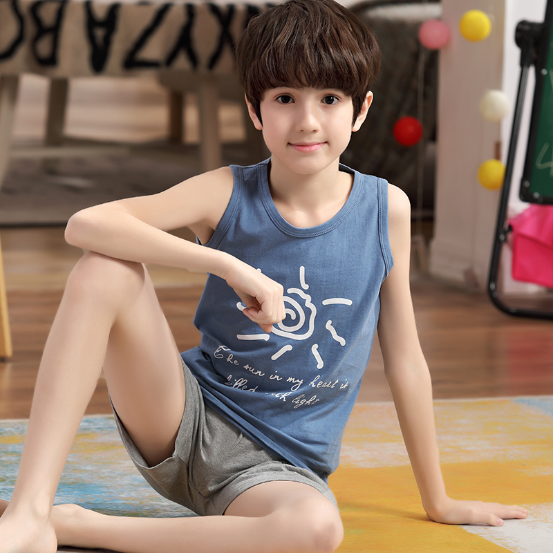 Child Sleepwear Vest Summer Boy Thin cotton Boy sleeveless Sleeveless Family Residence Suit Summer CUHK Child Summer Clothing