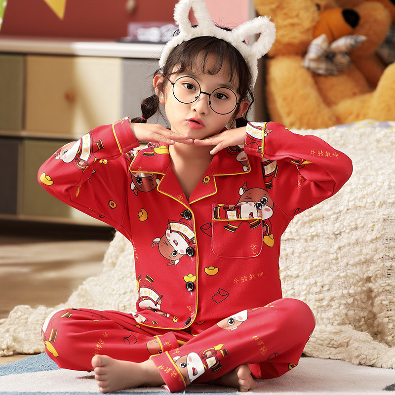Child Girl Sleepwear Spring Fall Long Sleeve Pure Cotton Red year CUHK Boy Girl Princess Home Residence Suit Suit