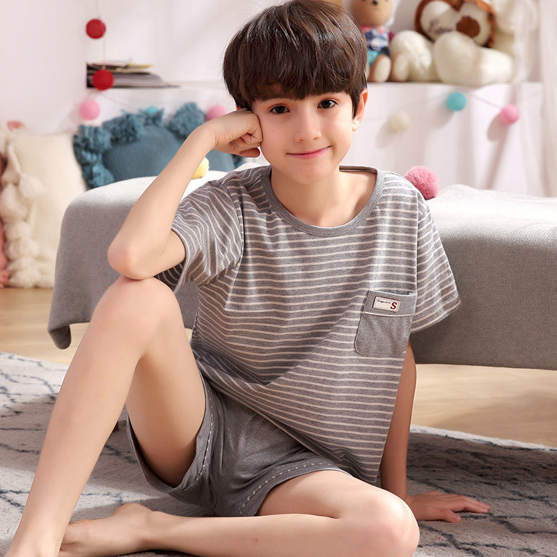 Boys pajamas short-sleeved cotton children's summer striped thin boys 5 children 7 children's home clothes 9-13 years old - Taobao