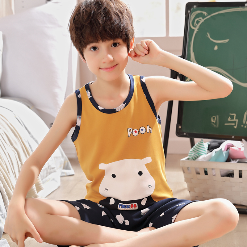 Boys pajamas summer thin cotton sleeveless big boy home clothes vest suit children cartoon pajamas teenagers