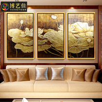 Southeast Asian Handpainted Oil Painting Painting Living Room Decorative Painting Gold Leaf Painting Sofa Background Wall Triptych Thai Style Lotus Hanging Painting