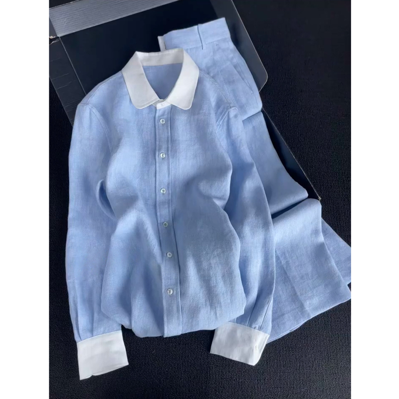Blue Casual Linen Shirt Suit for Women, Summer Old Money Style, Elegant and Age-Reducing Cotton and Linen Shirt and Pants Two-Piece Set Blue Casual Linen Shirt Suit for Women, Summer Old Money Style, Elegant and Age-Reducing Cotton and Linen Shirt and Pants Two-Piece Set