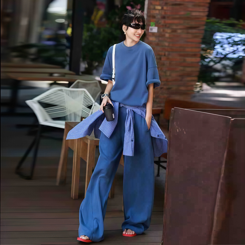 Blue Sports Suit for Women 2026 Spring and Summer New Style Elegant Age-Reducing Casual Pullover Sweatshirt Wide-Leg Pants Two-Piece Set Blue Sports Suit for Women 2026 Spring and Summer New Style Elegant Age-Reducing Casual Pullover Sweatshirt Wide-Leg Pants Two-Piece Set